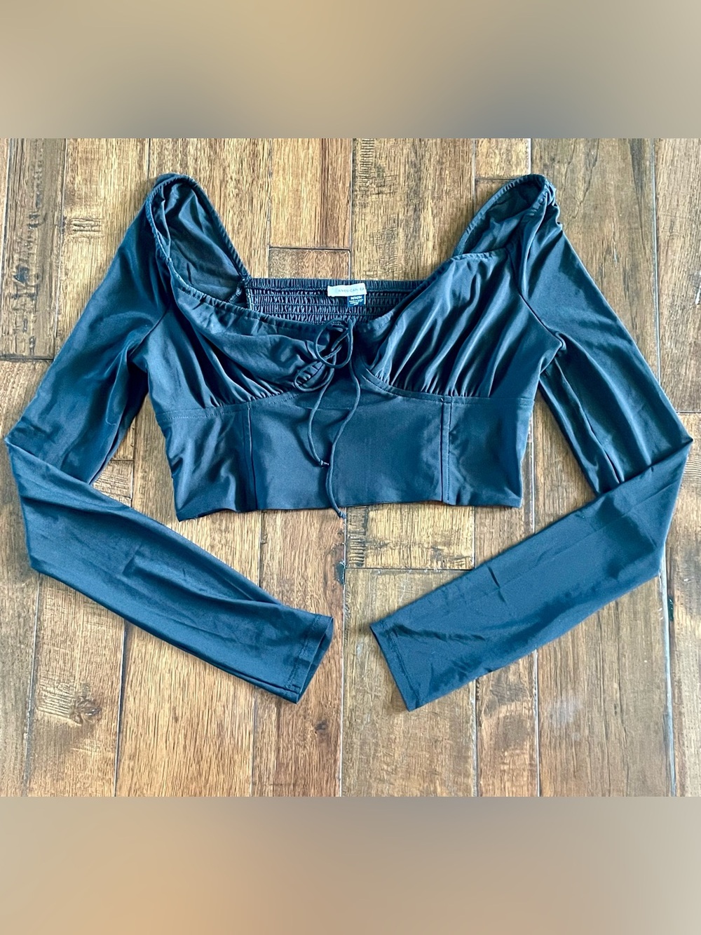 American Eagle Outfitters Black Long Sleeve Crop Top with Scoop Neck